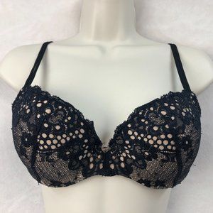 Victorias Secret 34C Black Lace Padded Demi Push Up Underwire Bra Illusion LOGO